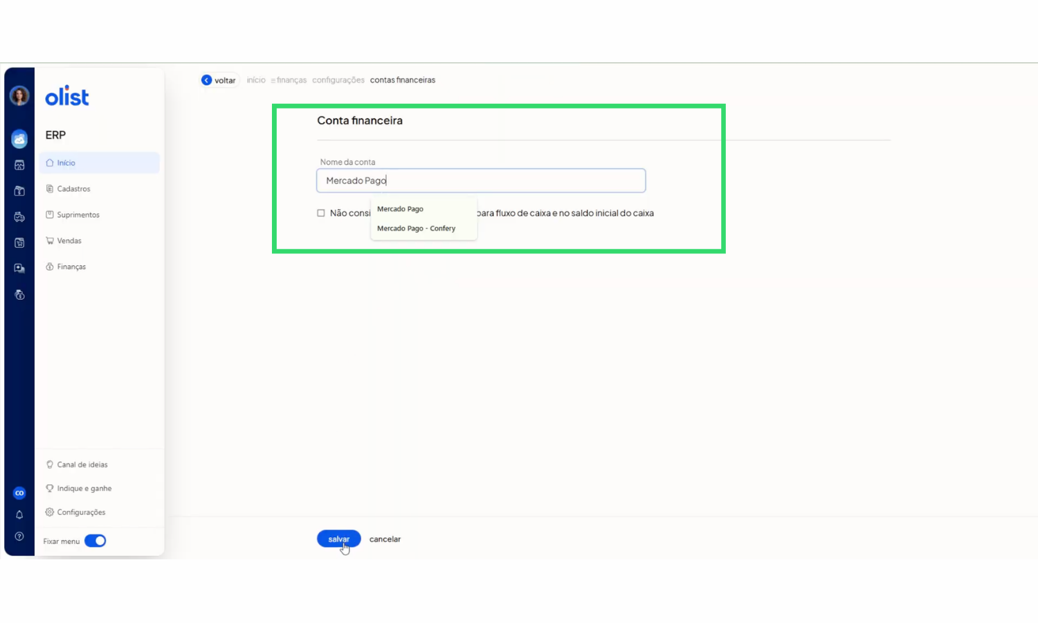 cadastro de conta financeira olist