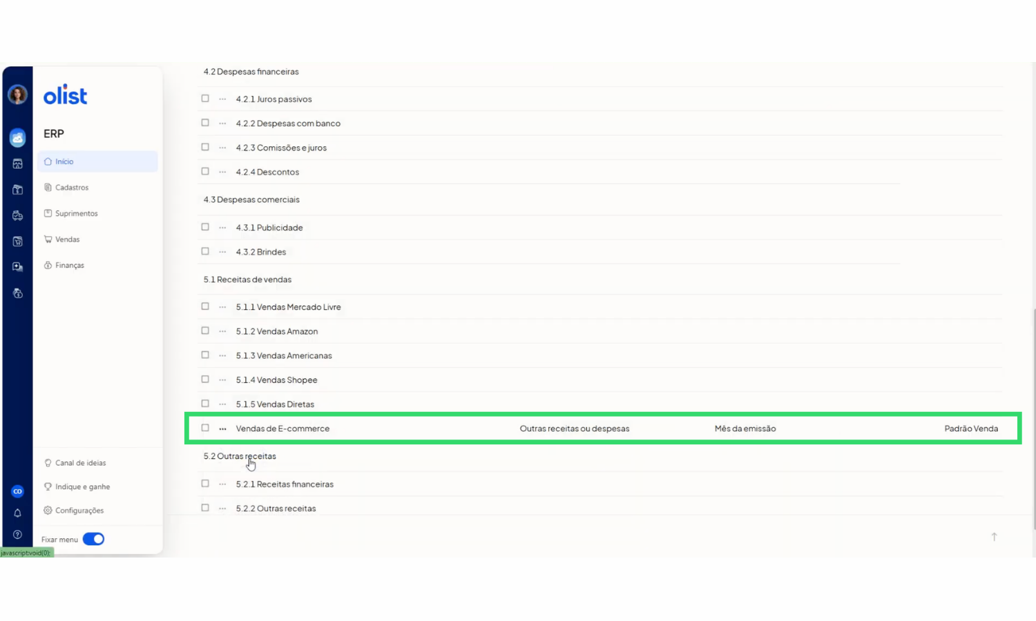 categoria padrão de venda olist