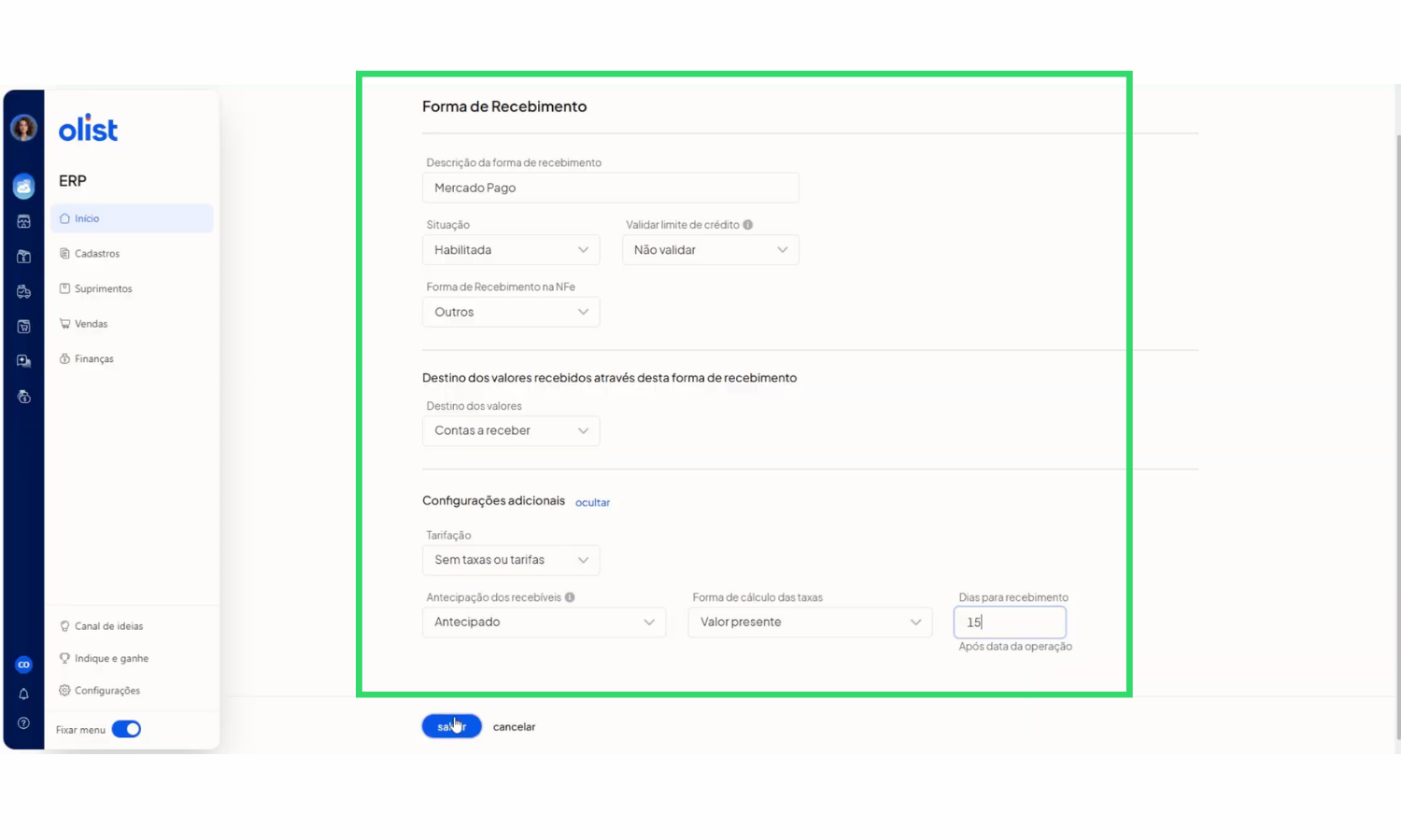configuração de forma de recebimento olist