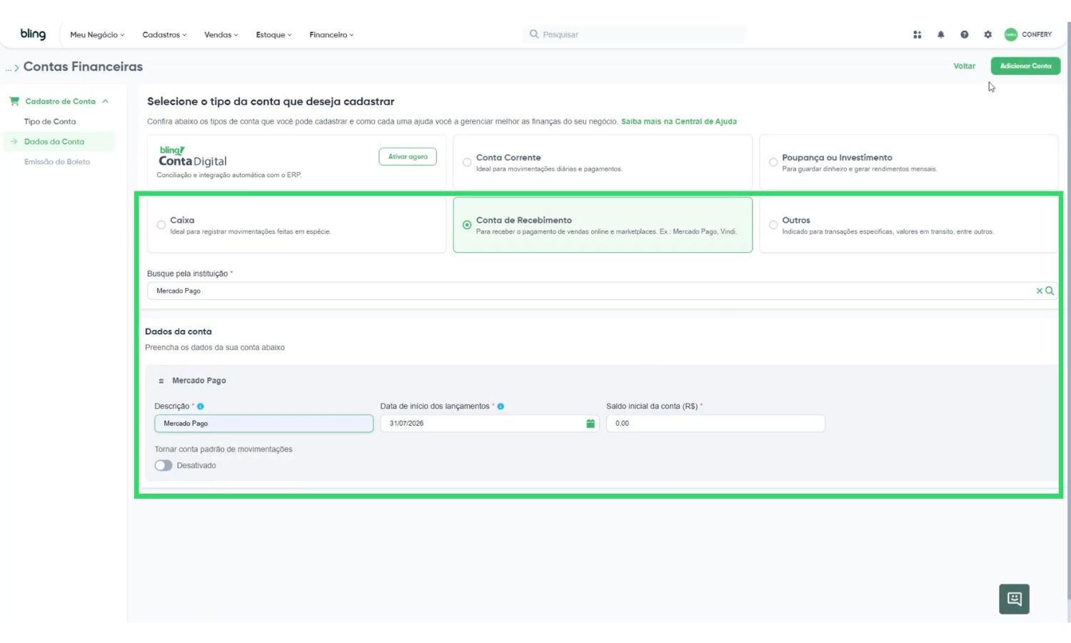 gerenciar conta financeira